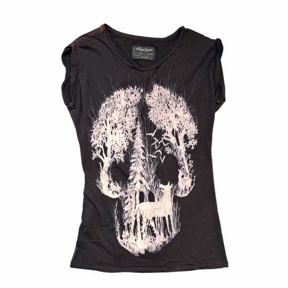All Saints Tops - AllSaints AllSaints Spitalfields Dark Gray Tunic with White Nature Skull Graphic